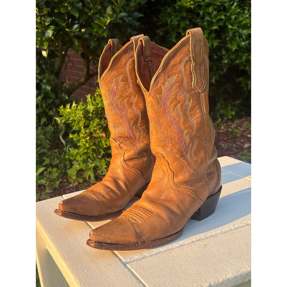 Nocona Vintage Leather Cowboy Boots Tan Brown Purple Stitching 4016 Womens 8B